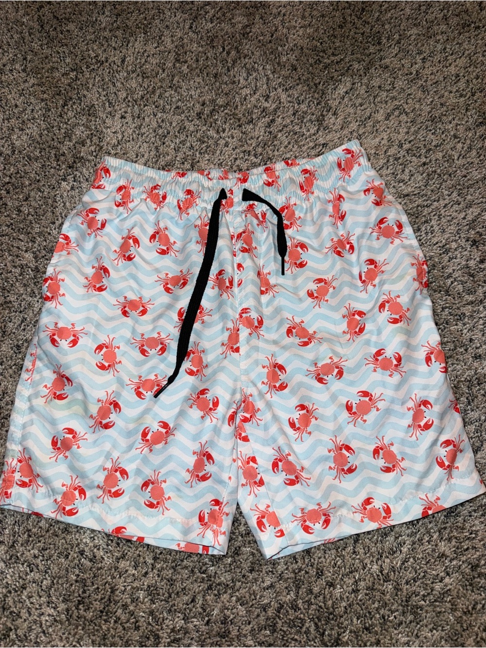 Youth Sz 10 - Crab Print Swim Shorts - White & Light Blue with Red Crabs - Picture 1 of 5